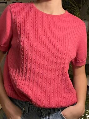 ShopEvelynne Pink Cable Knit Short Sleeve Sweater